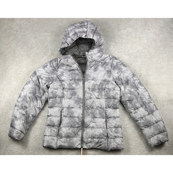 Eddie Bauer EB650 Down Puffer Jacket Womens PXS White Splatter Hooded Parka Coat - Picture 1 of 8